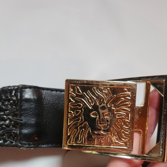 Ladies Black Jute Cotton Stretch LEATHER Belt LION FACE Shiny Buckle Size M/L - Picture 6 of 11